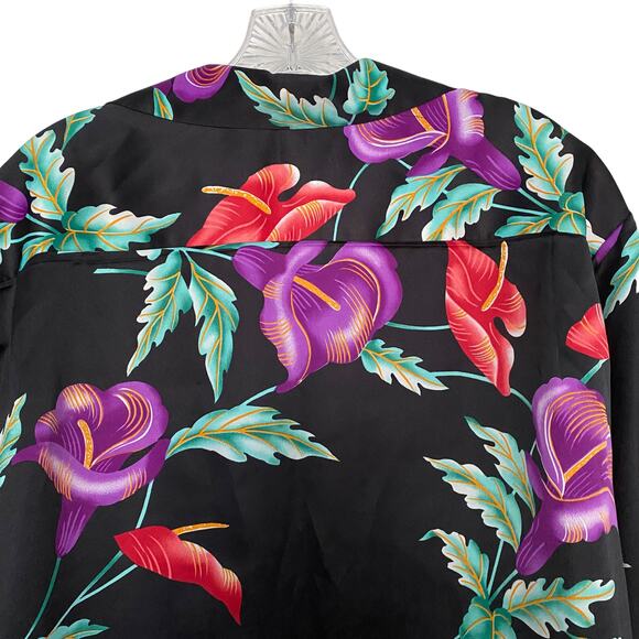 Vtg HILO HATTIES Men's Sz L XL Hawaiian Shirt Black Floral Print Short Sleeve - Picture 4 of 5